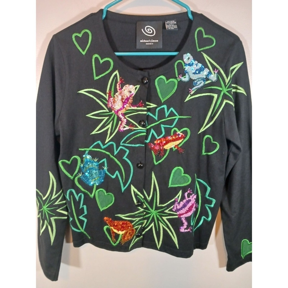 Michael Simon Sequin Frog Cardigan Womens S Vintage Novelty Sweater 2003 - Picture 2 of 6